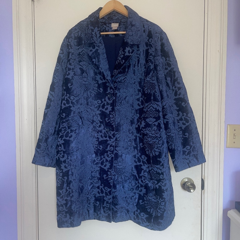 Chico’s Chenille Blue Victorian Design Boho Chic Jacket / Coat Size 4 - Picture 1 of 6